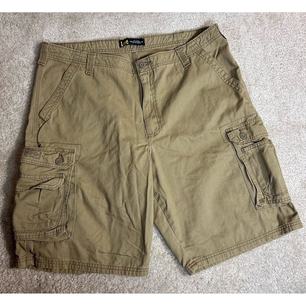 Y2K Lee Cargo Shorts Mens Khaki Cotton Skater Grunge Chunky Punk Baggy Size 40 - Picture 2 of 6
